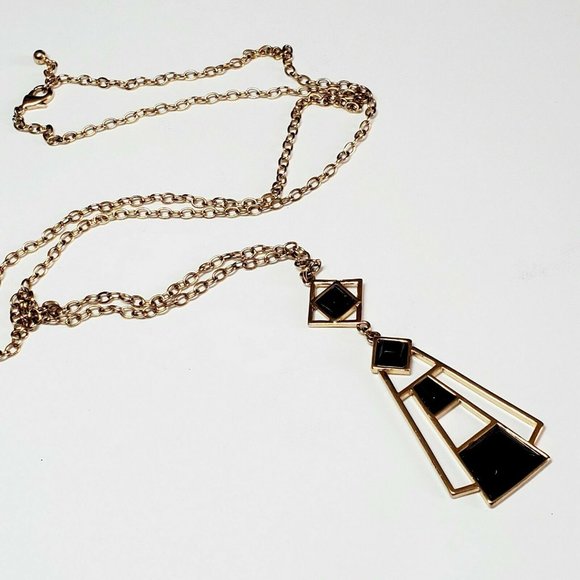 Long Gold Necklaces With Black In The Pendant Fash - Picture 1 of 2